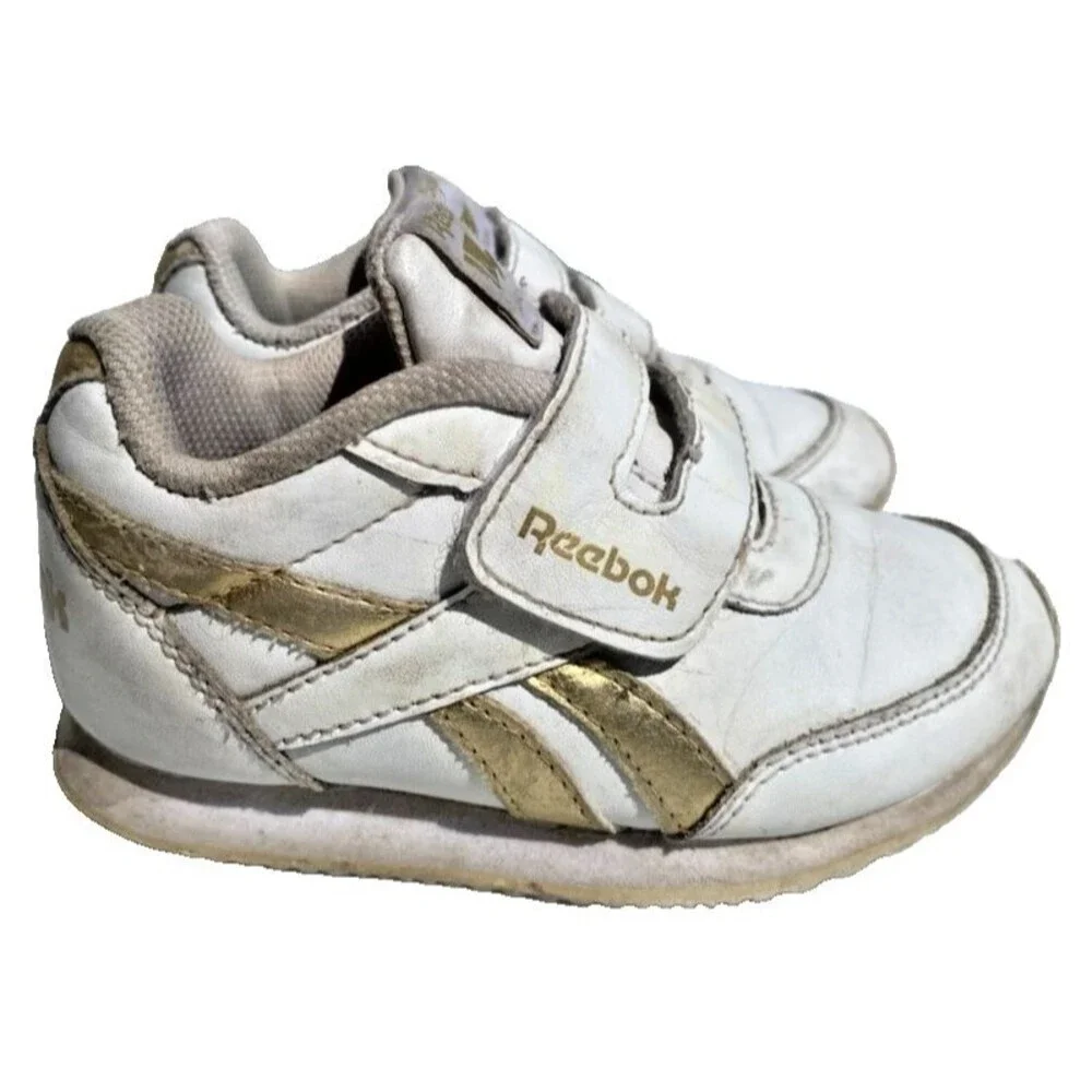 Reebok Toddlers Sz 9 Shoes Sneakers Classic Leather Step Flash White/Gold Straps